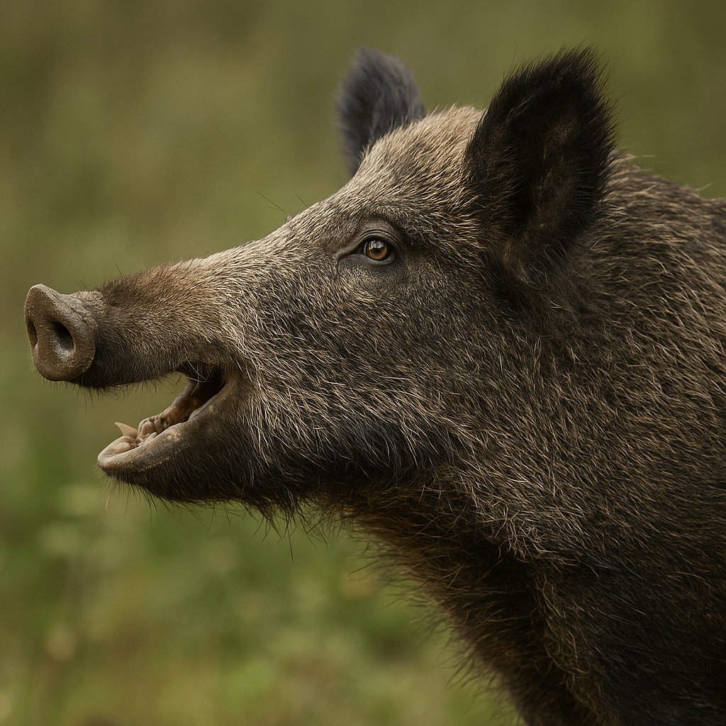 Gros plan sur la tête d’un sanglier sauvage bouche entrouverte