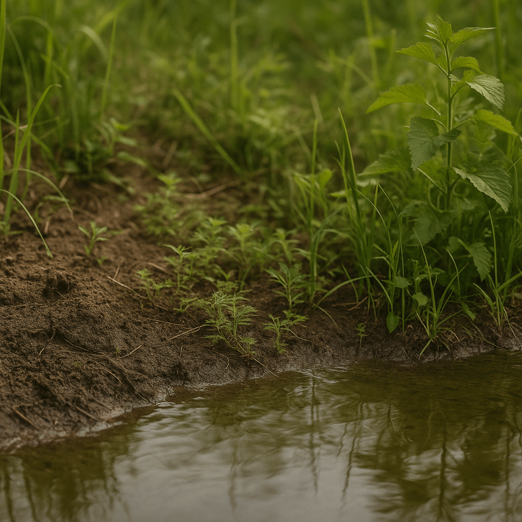 Bordure d'un biotope avec sol humide, eau et végétation naturelle