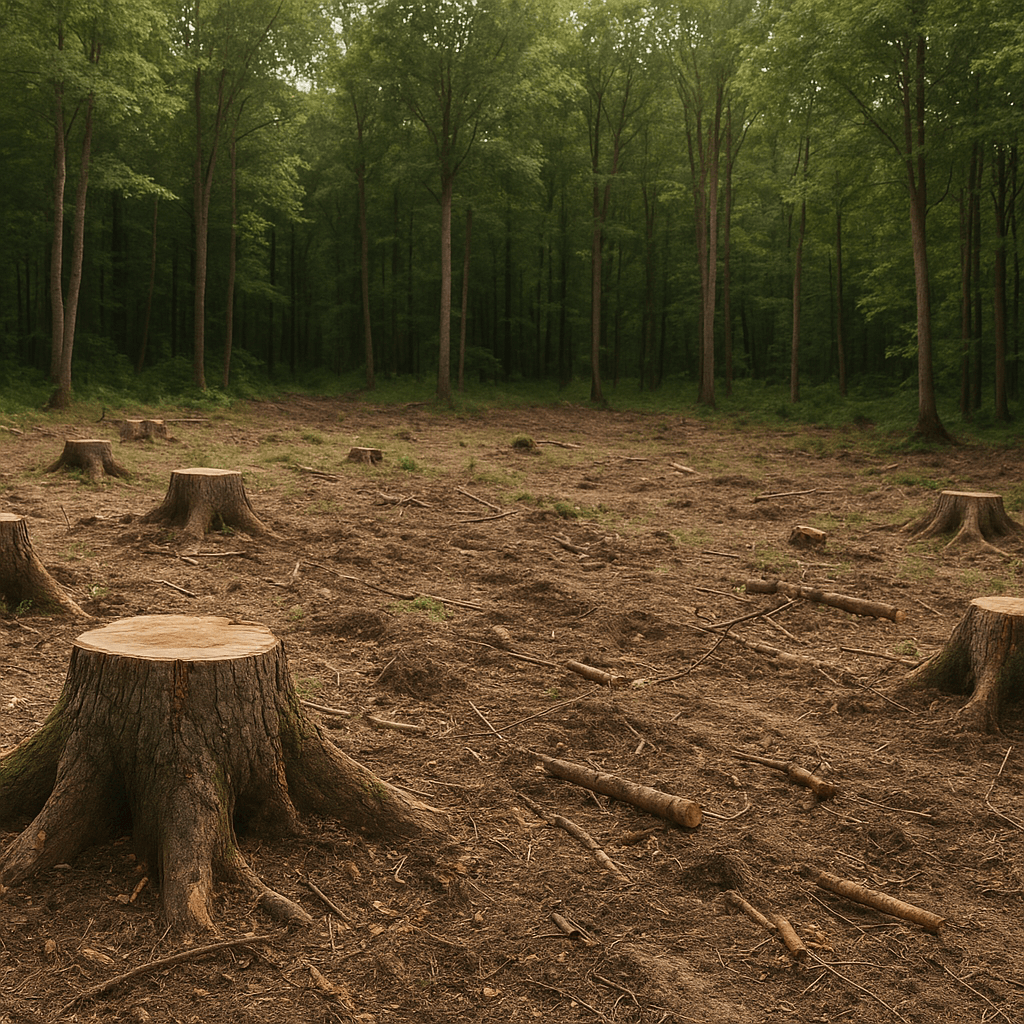 Souches fraîches au bord d’une zone forestière ouverte parmi les arbres debout