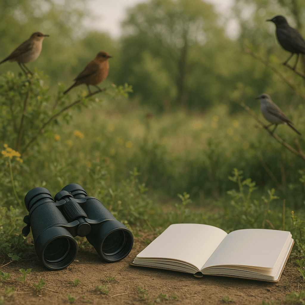 Jumelles et carnet vierge face à plusieurs oiseaux dans un jardin