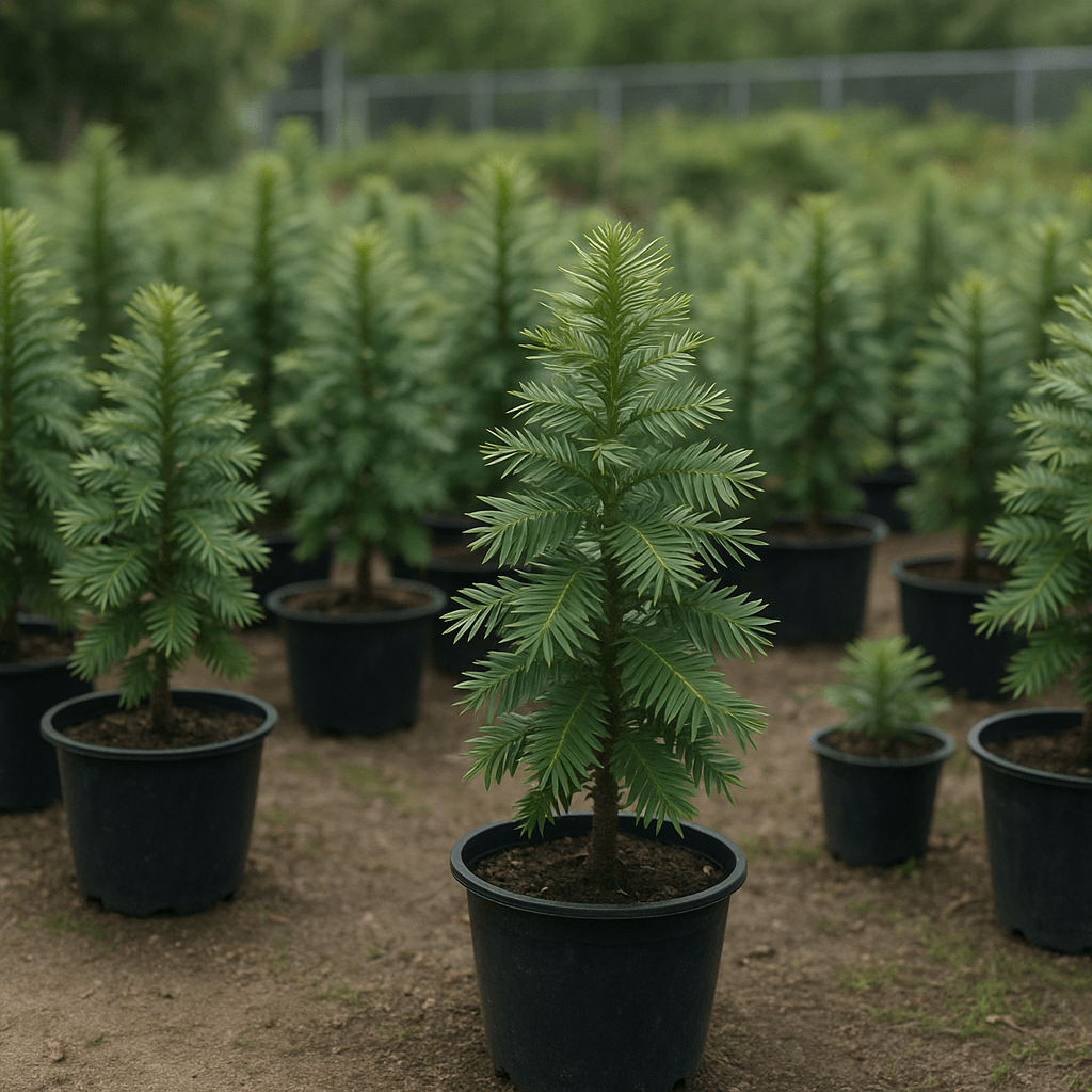 Plants de pin de Wollemi cultivés en pépinière, alignés sur une aire de production