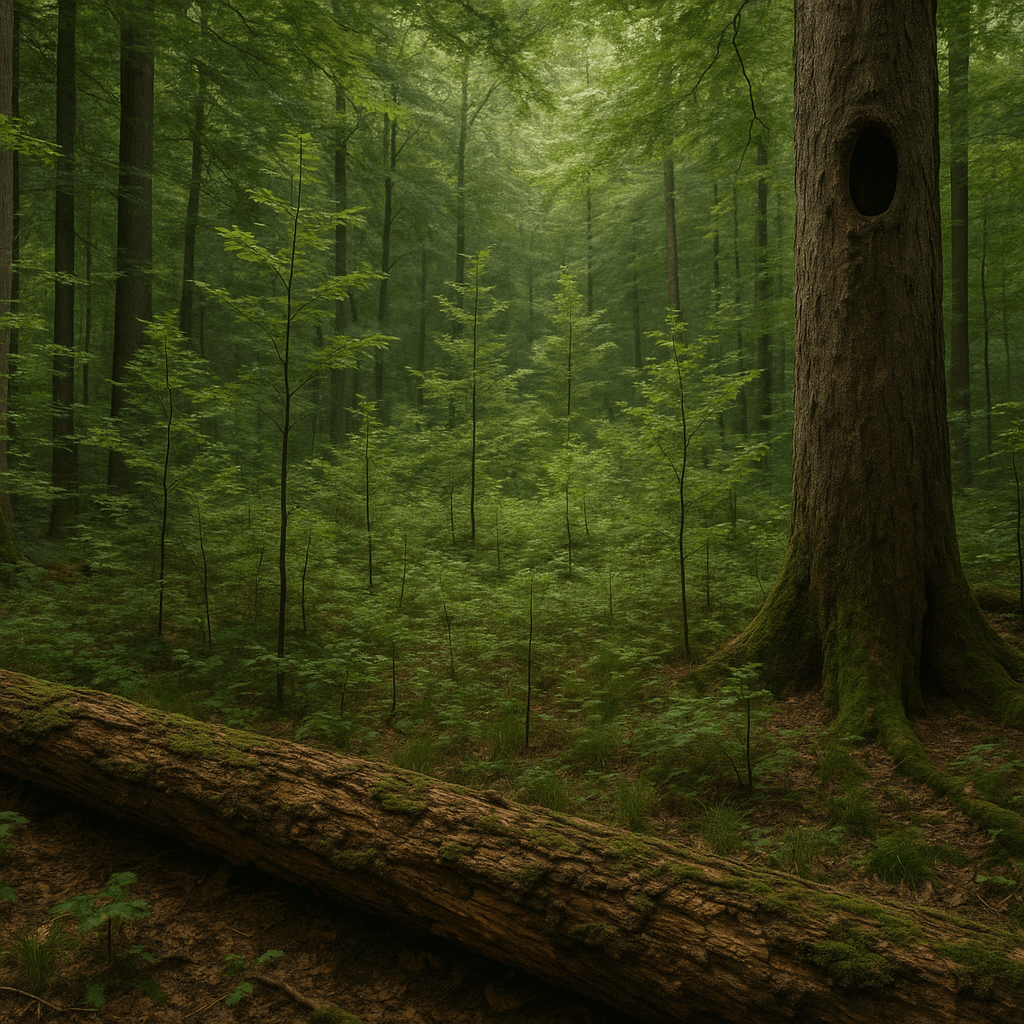 Trouée naturelle avec jeunes arbres, bois mort et arbre creux en sous-bois