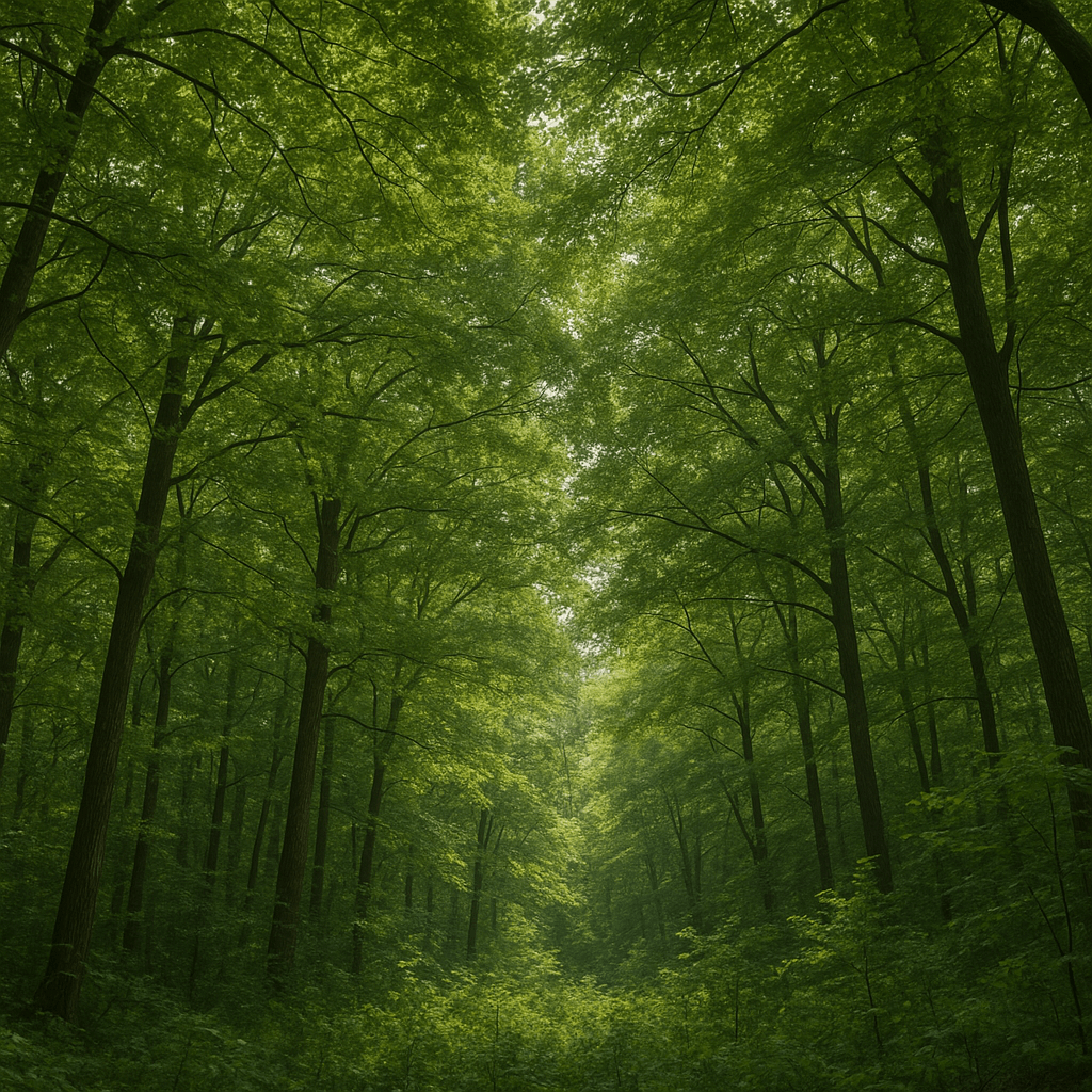 Lumière filtrée par les couronnes au-dessus d’un sous-bois forestier