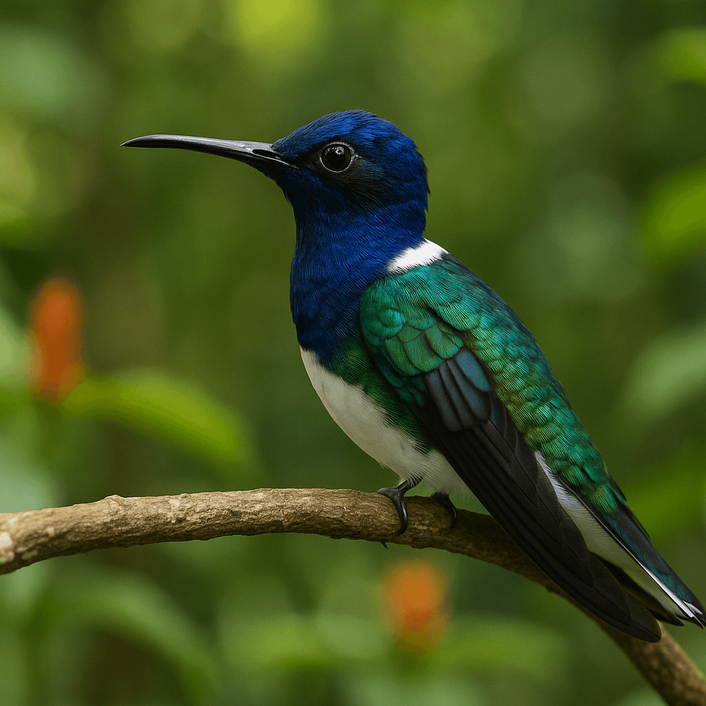 Colibri jacobin au repos sur une branche dans une lisière forestière tropicale